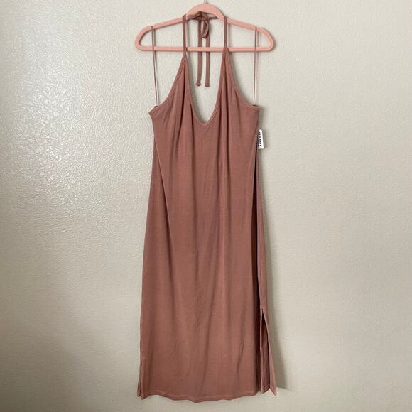 Old Navy Dress Womens 2X Tan Midi Ribbed Knit Halter Side Slit Stretchy Athletic - Picture 3 of 13